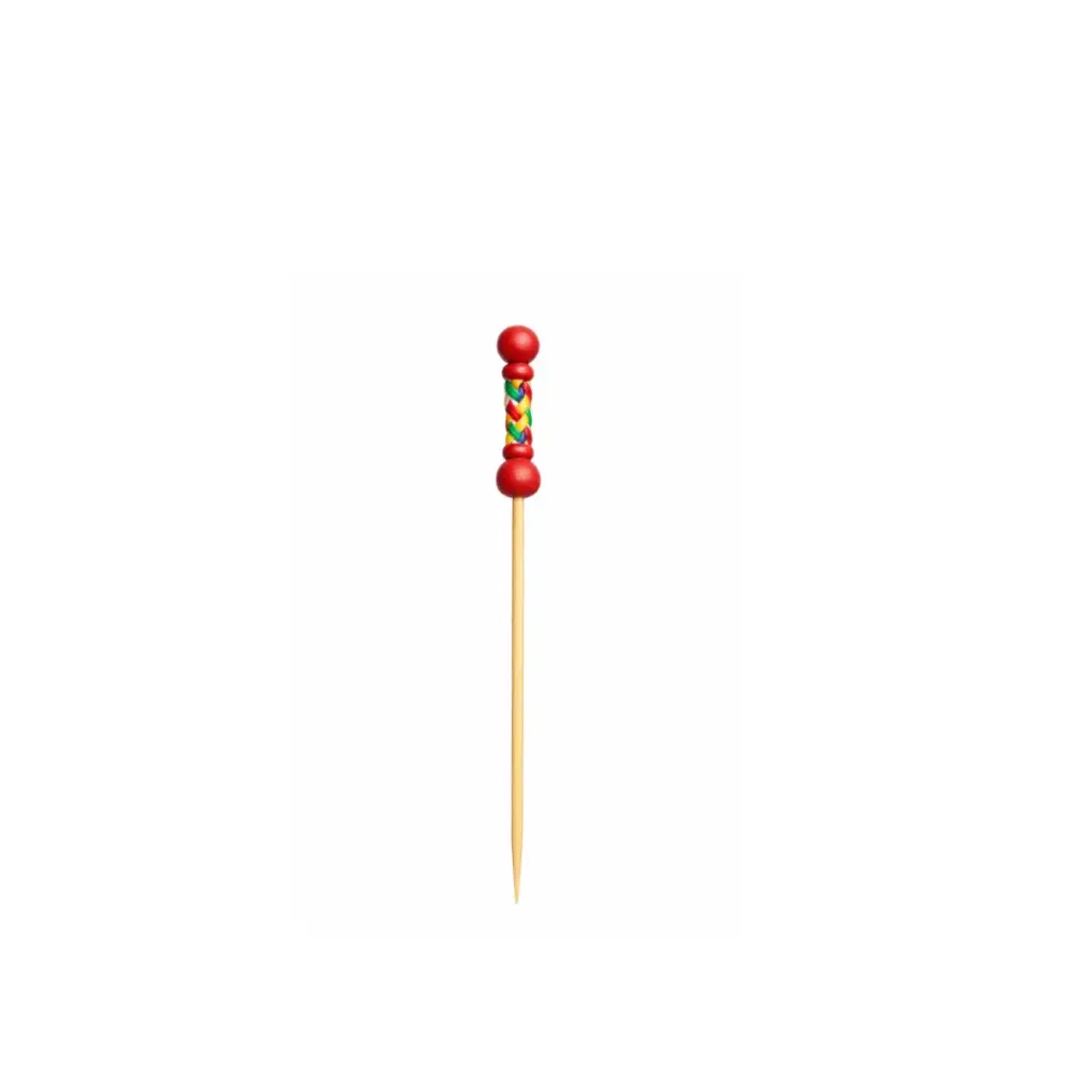 [PIQUE_437-13_EXTREMITE_DECORE_BOIS_ROUGE] Pique avec extrémité décoré en bois ROUGE 437-13 ( 1 unité de vente = sac de 100 pièces) (100 sacs par carton)