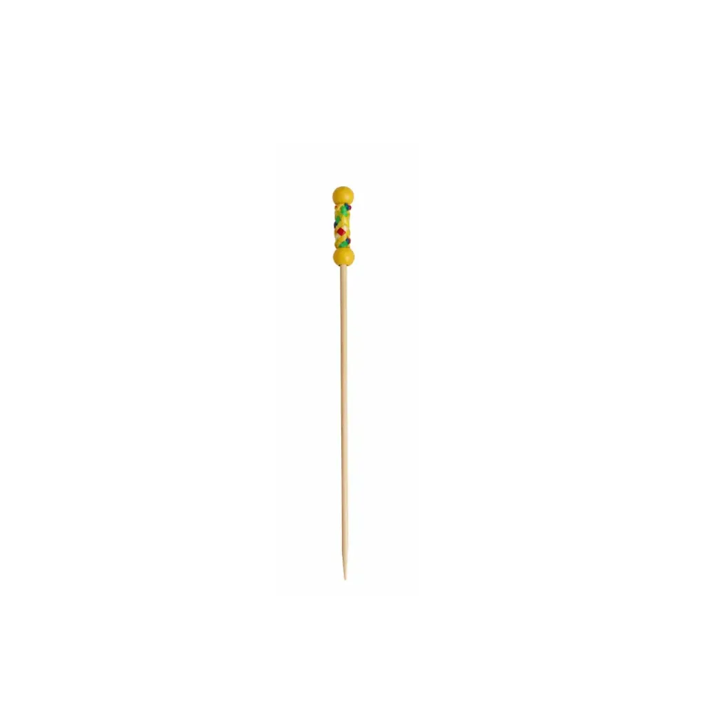 [PIQUE_437-13_EXTREMITE_DECORE_BOIS_JAUNE] Pique avec extrémité décoré en bois jaune 437-13 ( 1 unité de vente = sac de 100 pièces) (100 sacs par carton)